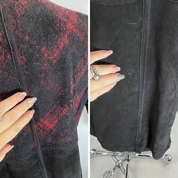 Free People Black Leather Jacket Size Large Suede Buffalo Plaid Grunge Dark Acad - Picture 13 of 16